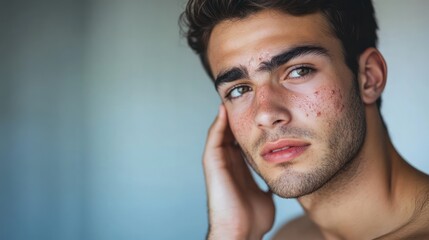 Obraz premium A young Middle-Eastern man with light skin and dark hair looks thoughtfully into the camera, showcasing his natural beauty and confidence.