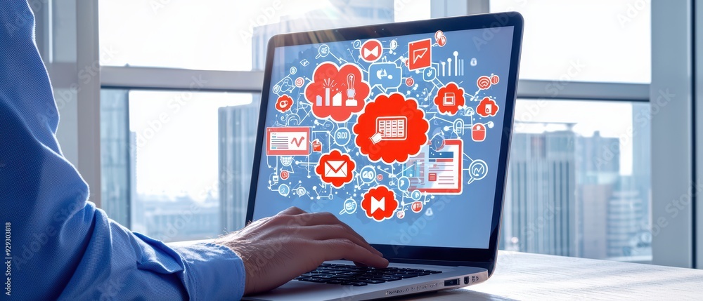 Poster a modern workspace showcasing innovative technology and data visualization on a laptop screen, repre
