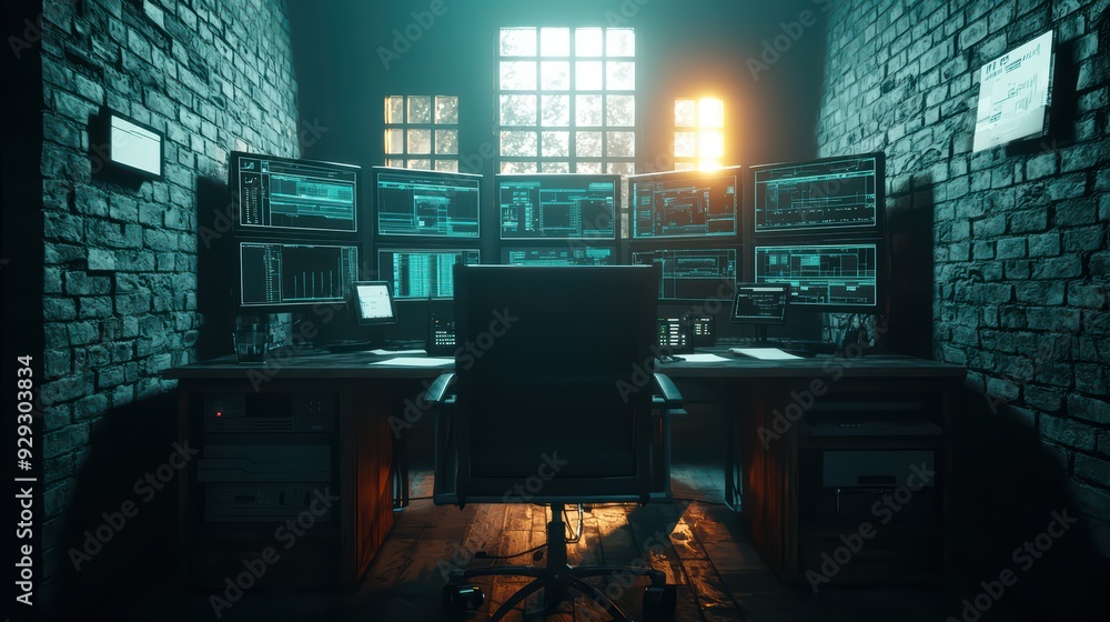 Poster a modern workspace featuring multiple screens and a stylish chair, illuminated by soft sunlight stre