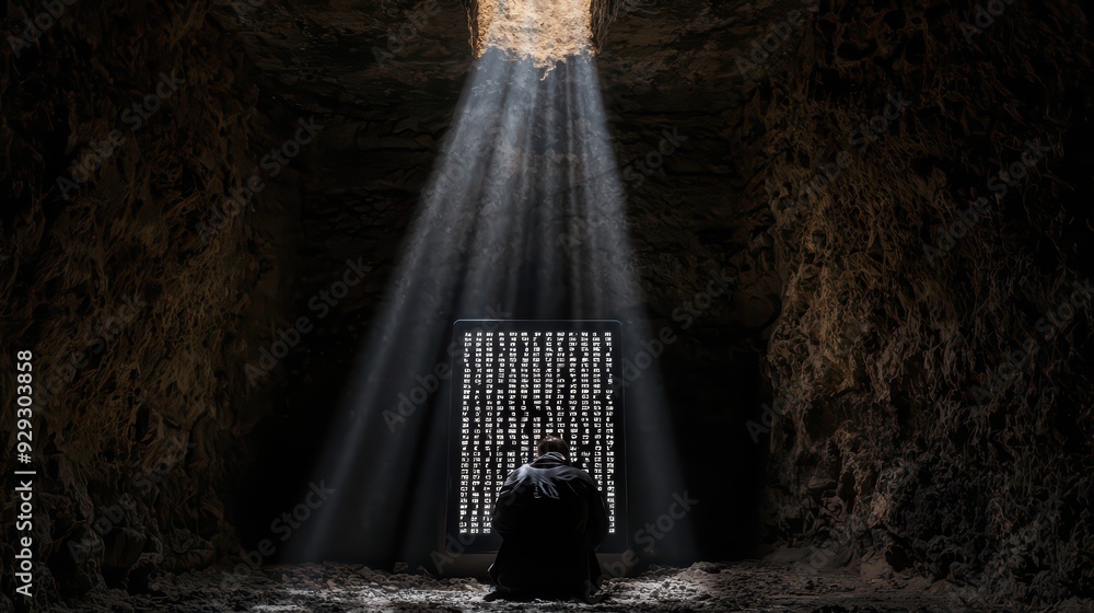 Poster a mysterious figure sits in a dark cave, illuminated by rays of light, contemplating an enigmatic sc