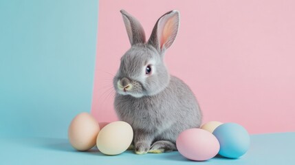 A cute gray rabbit sits among pastel-colored eggs on a soft blue and pink background, embodying the playful spirit of spring.
