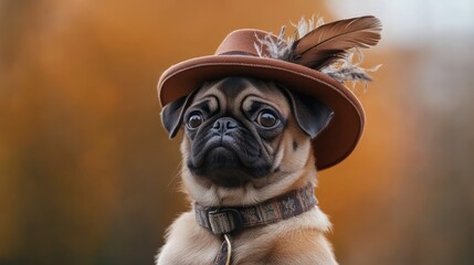 A charming pug wearing a stylish hat adorned with a feather, set against a warm autumn backdrop.