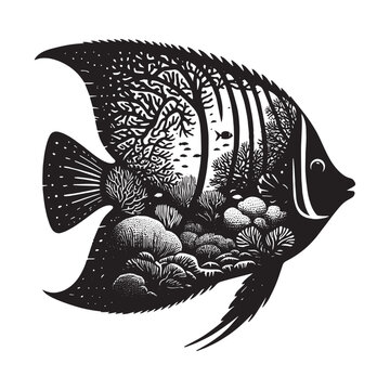 recommend clip art: silhouette of Regal Angelfish filled with underwater view with coral in rough drawing