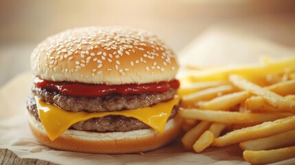 A delicious double cheeseburger with sesame seed bun, melted cheese, ketchup, and crispy fries on the side.