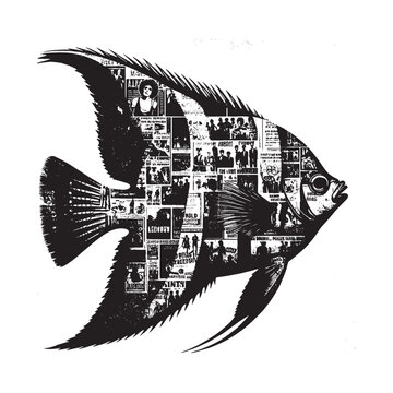 recommend clip art: silhouette of Regal Angelfish filled with vintage punk's poster collage wall in rough drawing