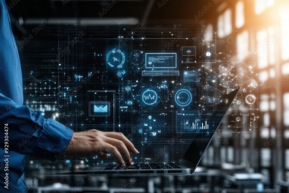 Poster a person using a laptop with digital data visualization, showcasing futuristic technology and analyt