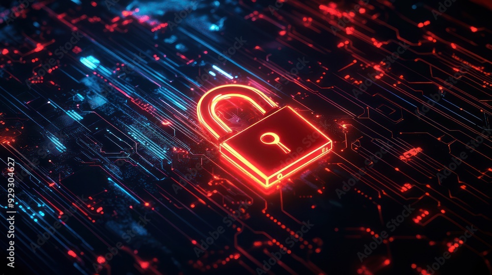 Poster digital padlock symbol representing cybersecurity in a high-tech environment.