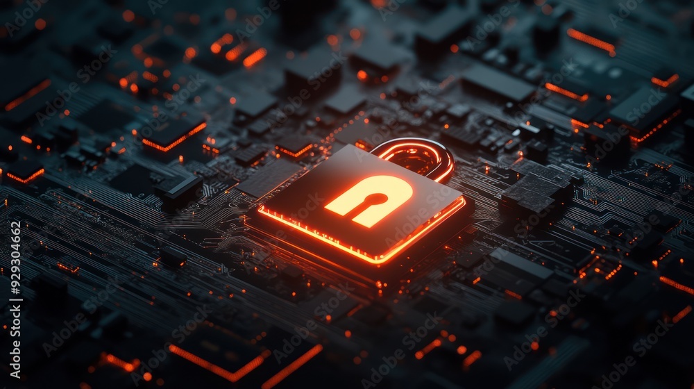 Poster an illuminated padlock icon symbolizing digital security on a high-tech circuit board.