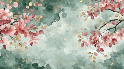   Pink flowers on a green tree with golden leaves against a blue sky