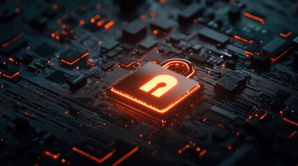 An illuminated padlock icon symbolizing digital security on a high-tech circuit board.