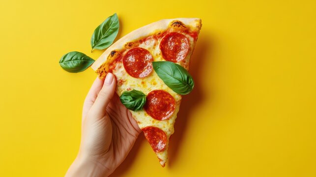 A hand holds a delicious slice of pepperoni pizza adorned with fresh basil leaves, set against a vibrant yellow background.