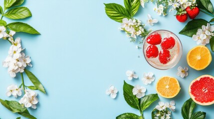 Fresh fruity drink with strawberries and citrus, surrounded by flowers and leaves on a light blue background.