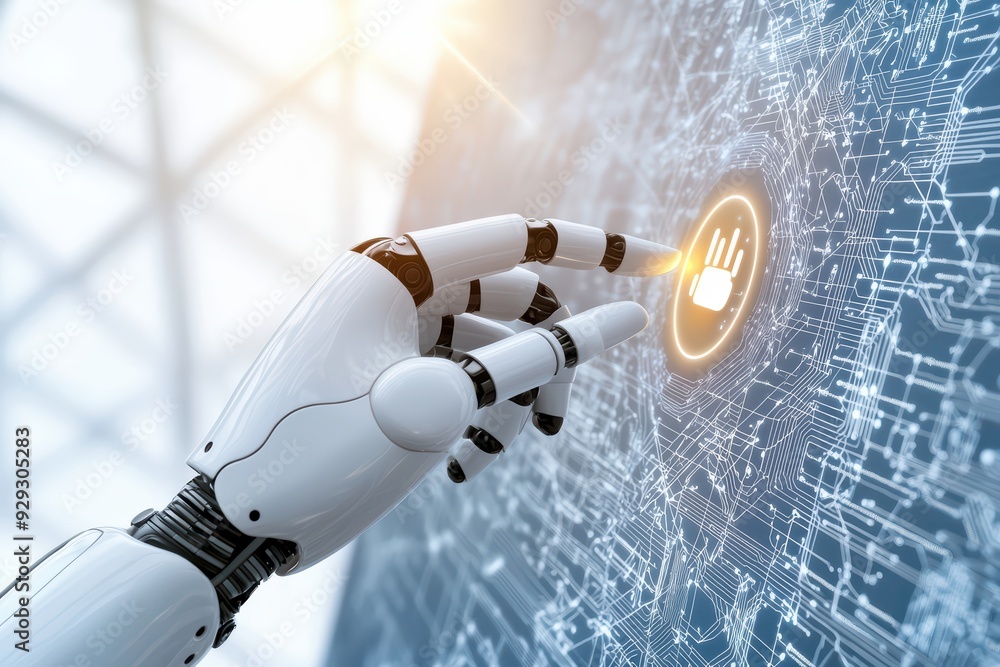 Poster a robotic hand interacting with a digital interface, symbolizing technology, innovation, and the fut