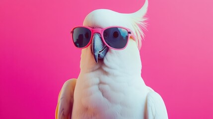 A cool white cockatoo wearing pink sunglasses against a vibrant pink background.