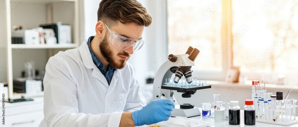 Poster a scientist examines samples under a microscope in a modern laboratory with various test tubes and e