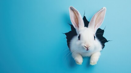 Obraz premium A curious white rabbit peeks through a hole in a vibrant blue background, showcasing its large ears and fluffy fur.