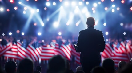 Naklejka premium Silhouette of a male speaker addressing an audience with American flags in the background, set against bright stage lights.