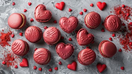 Obraz premium Assorted red heart-shaped macarons decorated with tiny hearts on a textured surface