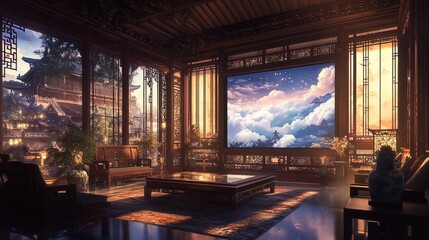 Transform Your Space: Captivating Contemporary Asian Aesthetics Poster Featuring Animated Clouds and Tranquil Wood Interiors for a Serene Atmosphere in Sports or Relaxation Rooms