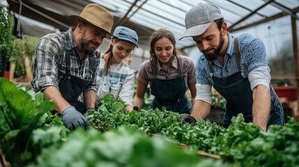 Four individuals work together harvesting fresh greens in a community greenhouse, sharing ideas on sustainable farming methods