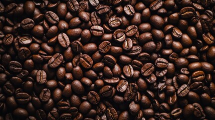 Naklejka premium A close-up of rich, dark roasted coffee beans, showcasing their glossy texture and unique shapes.