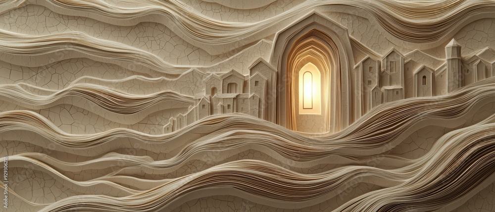 Poster a striking paper art scene showcasing an abstract landscape with architectural forms illuminated by 
