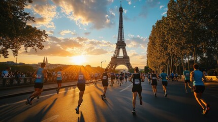 Runners of various ethnicities sprint past the Eiffel Tower at sunset, creating a vibrant and energetic atmosphere in Paris.