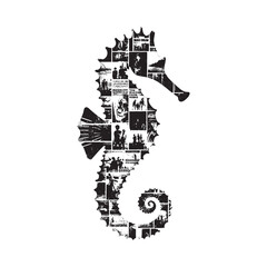 silhouette of Seahorse filled with vintage punk's poster collage wall in rough drawing