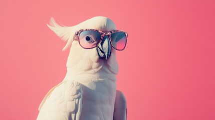 A cool white cockatoo wearing stylish pink sunglasses against a vibrant pink backdrop.