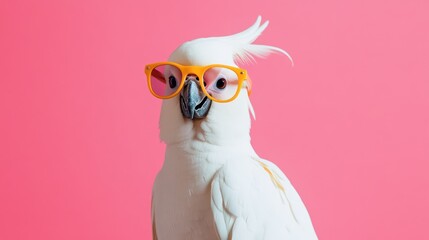 A playful white cockatoo wearing bright orange glasses against a vibrant pink background.