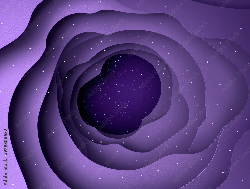 Poster a mesmerizing abstract design with swirling purple layers creating a cosmic vortex effect.