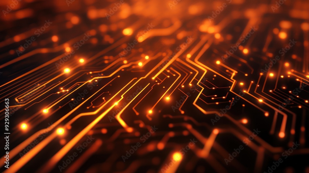 Poster abstract close-up of glowing orange circuit board lines, creating a vibrant tech-themed atmosphere.