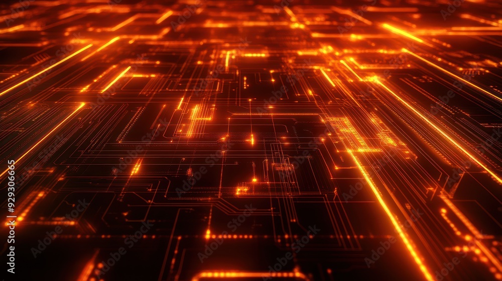 Poster abstract digital circuit design with glowing orange lines on a dark background, conveying a high-tec