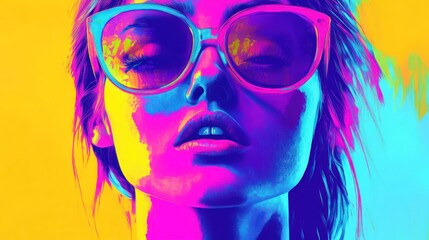 Fototapeta premium A striking portrait of a young Caucasian woman with tinted sunglasses, exuding vibrant colors and a bold, artistic flair.