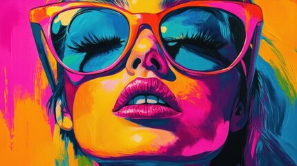 A vibrant portrait of a young woman with bold makeup, wearing oversized orange sunglasses against a colorful abstract background.