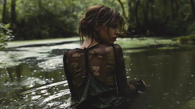 Mysterious Woman in Mesh Top Standing in Swamp Forest Pond with Atmospheric Mood
