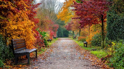   A wooden bench rests amidst a green park, surrounded by trees displaying vibrant orange and red foliage
