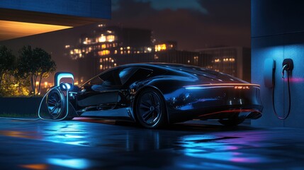 Fototapeta premium A sleek, futuristic electric car charging at night, illuminated by vibrant city lights.