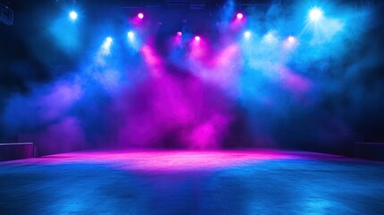 A vibrant stage with colorful lights and smoky atmosphere, perfect for performances.