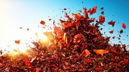 A vibrant explosion of autumn leaves, showcasing rich reds and oranges against a clear sky and warm sunlight.