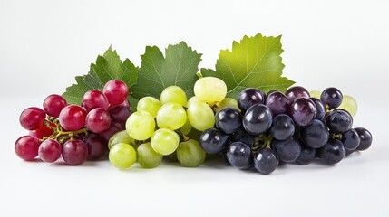 Fototapeta premium A vibrant display of assorted grapes in red, green, and black varieties, accented by lush green leaves, enhancing the visual appeal.