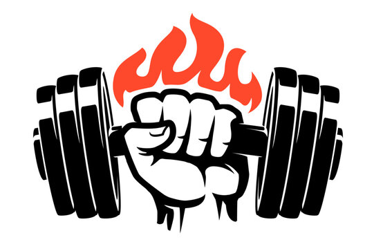 Hand with gym dumbbell, strong fist with barbell. Weight lifting, bodybuilding emblem or badge vector illustration