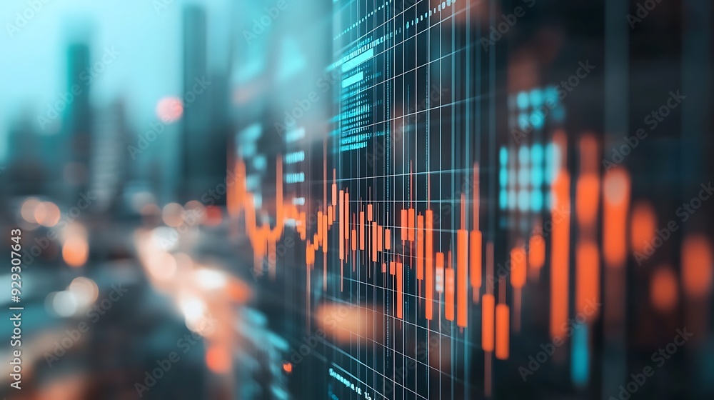 Poster abstract image of a city skyline reflected in a screen displaying a stock market chart.