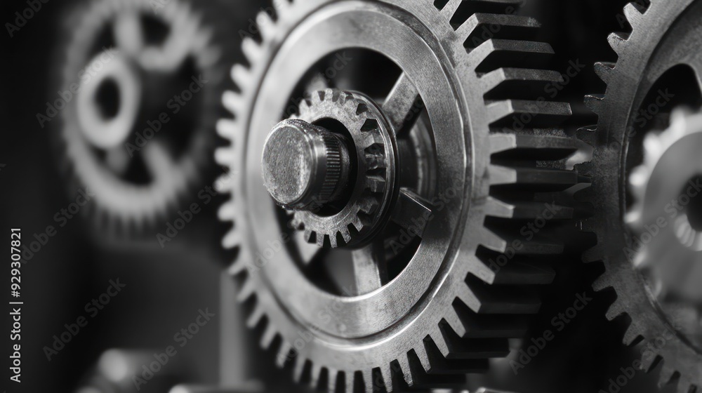 Poster close-up of metallic gears in motion, showcasing intricate details and textures.