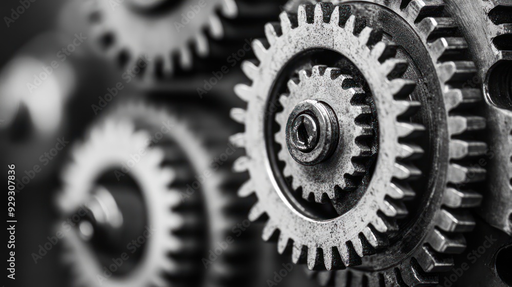 Poster close-up of intricate metallic gears in black and white, showcasing the detailed textures and interl
