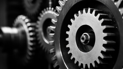 Close-up of interlocking metal gears, showcasing intricate details and textures, evoking a sense of industrial precision.