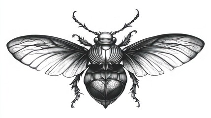 A detailed black and white illustration of a bee, showcasing intricate patterns and textures on its wings and body.