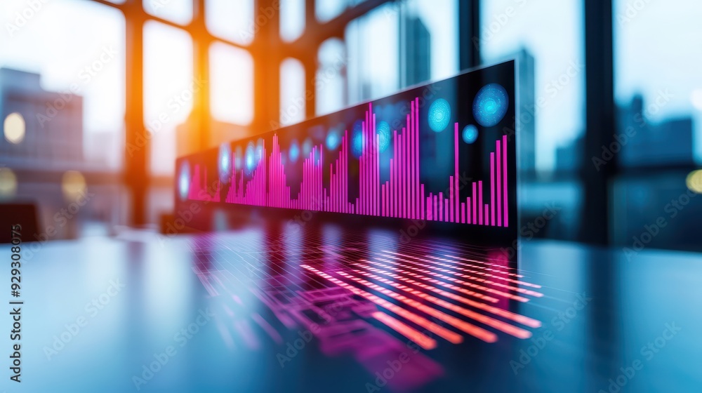 Poster abstract digital data visualization on a modern desktop, showcasing vibrant graphs and glowing eleme