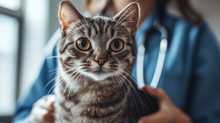 Brown tabby cat in focus, being examined by a veterinarian in a caring setting.