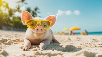 A charming pink pig wearing bright yellow sunglasses lounges on a sunny beach, surrounded by tropical vibes and golden sand.